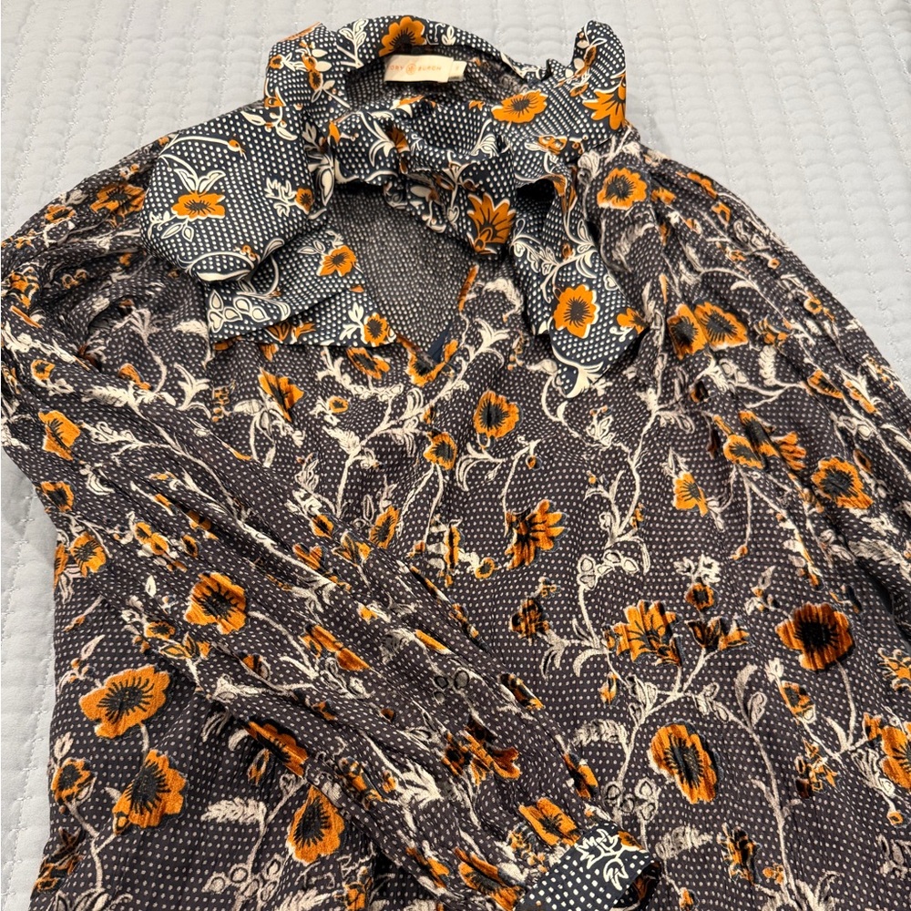 Tory Burch Black and Orange Floral Tie Shirt